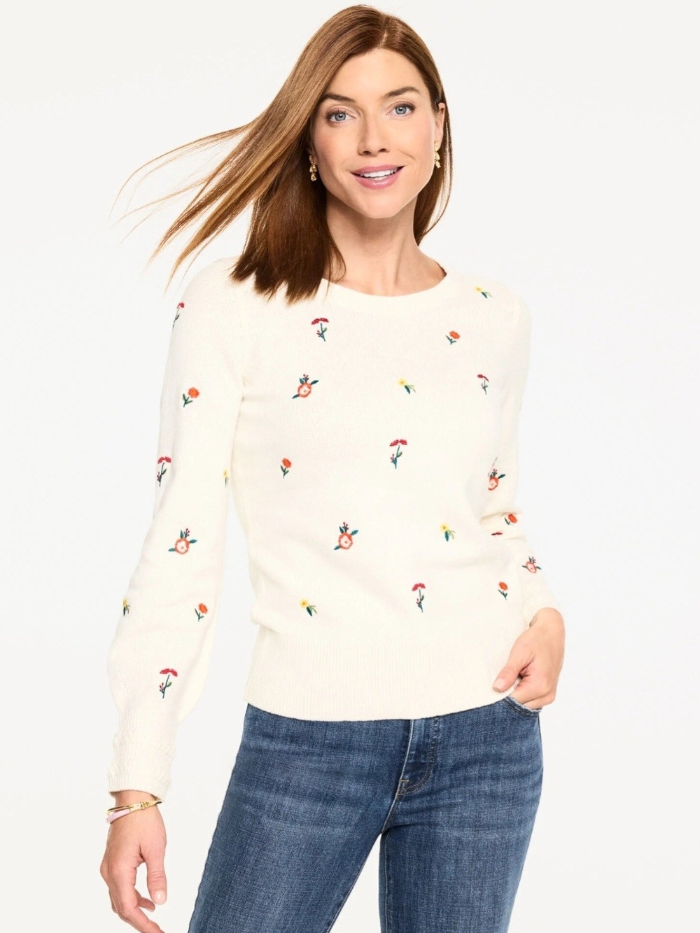 Talbots Cream Floral Embroidered Crewneck Sweater - Women